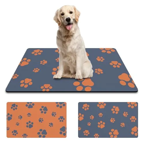 12"×20" Dog Food Mat-Absorbent Dog Mat for Food and Water, No Stains Quick Dry Cat Dog Food Bowl Mat Non Skid Dog Feeding Mat with Footprints for Messy Drinkers Blue