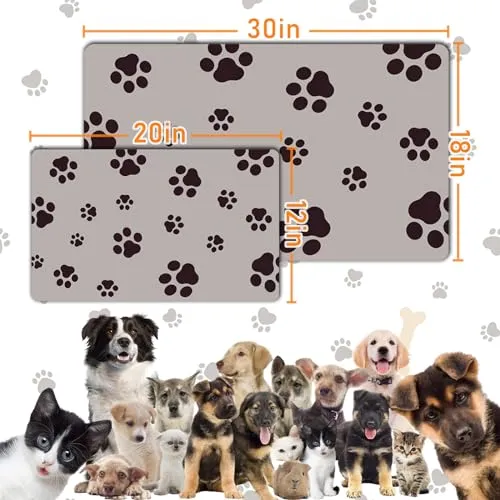 12"×20" Dog Food Mat-Absorbent Dog Mat for Food and Water, No Stains Quick Dry Cat Dog Food Bowl Mat Non Skid Dog Feeding Mat with Footprints for Messy Drinkers Blue