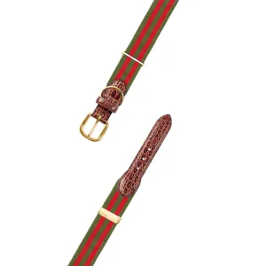 Adjustable Olive & Red Grosgrain Dog Collar with Embossed Calf Tabs