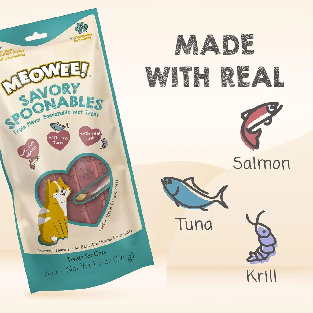Meowee! Savory Spoonables with Salmon, Tuna & Krill Lickable Treats For Cats