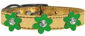 Metallic Flower Leather Collar Gold With Metallic Emerald Green Flowers Size 24