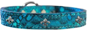 Silver Fleur De Lis Widget Dragon Skin Genuine Leather Dog Collar Blue Size 22
