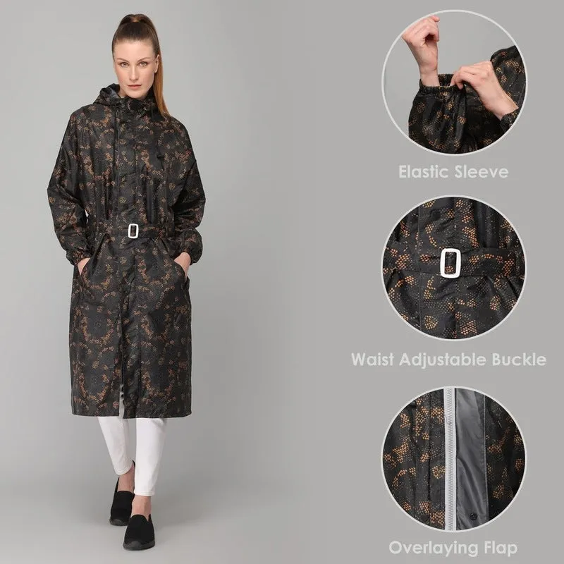 THE CLOWNFISH Juliet Series Raincoats for Women Rain Coat for Women Raincoat for Ladies Waterproof Reversible Double Layer Longcoat with Printed Plastic Pouch (Black, XXXL)