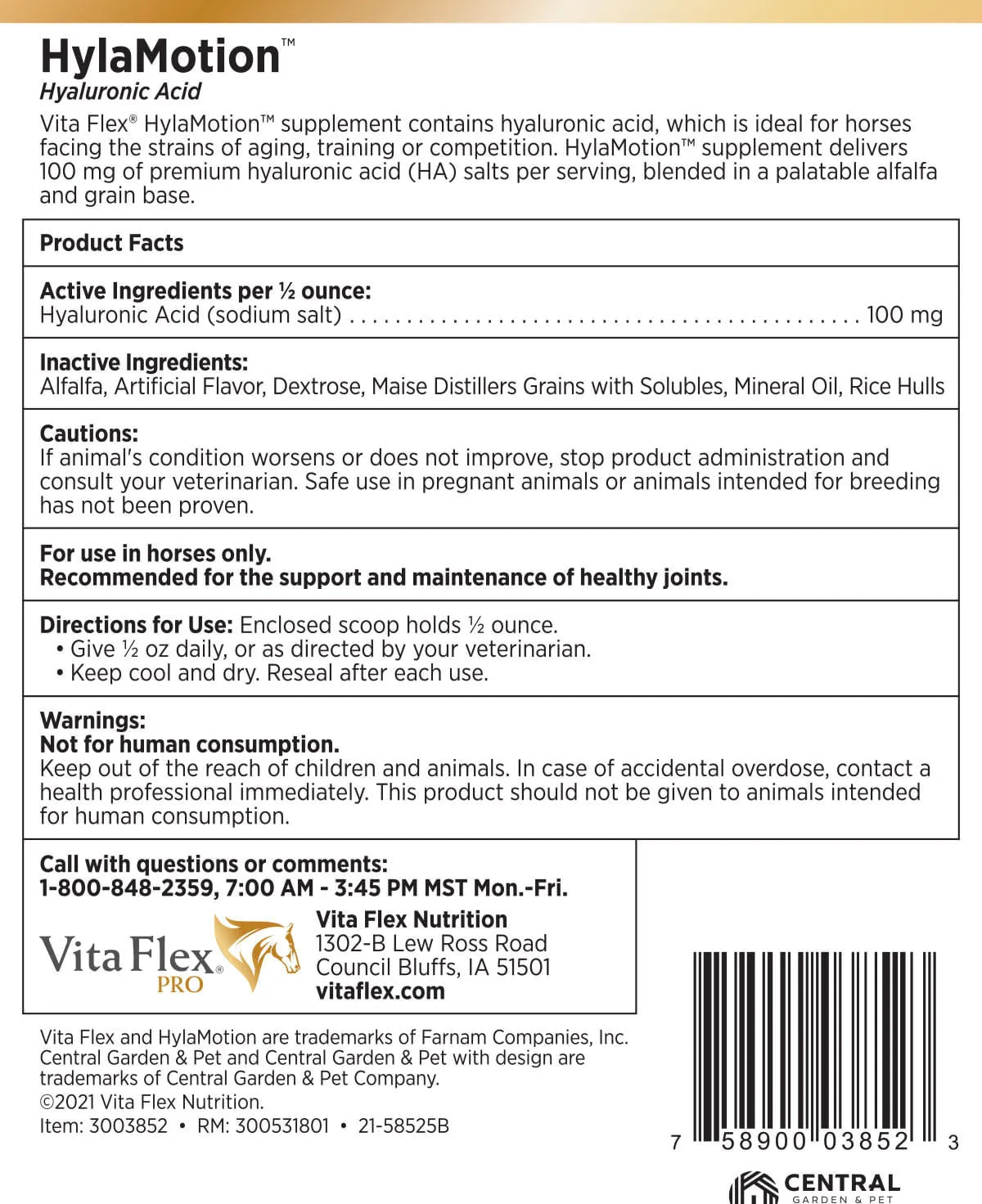Vita Flex Hylamotion Hyaluronic Acid Joint Support Formula for Horses, 2.5 lbs